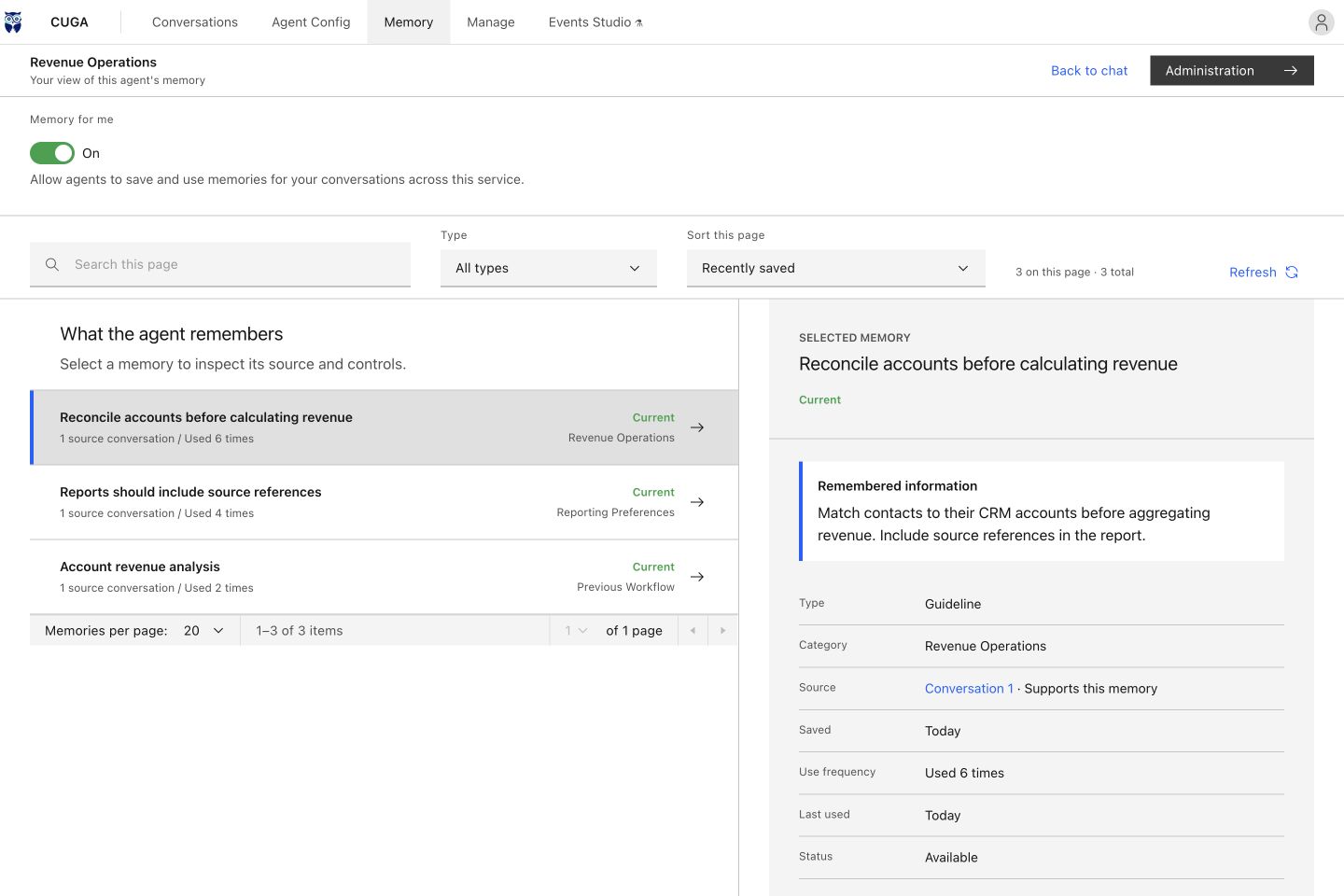 Current memory workspace showing sample task guidance, preferences, source conversations, and usage details