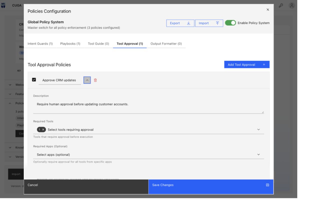 Tool Approval configuration requiring human approval for CRM account updates