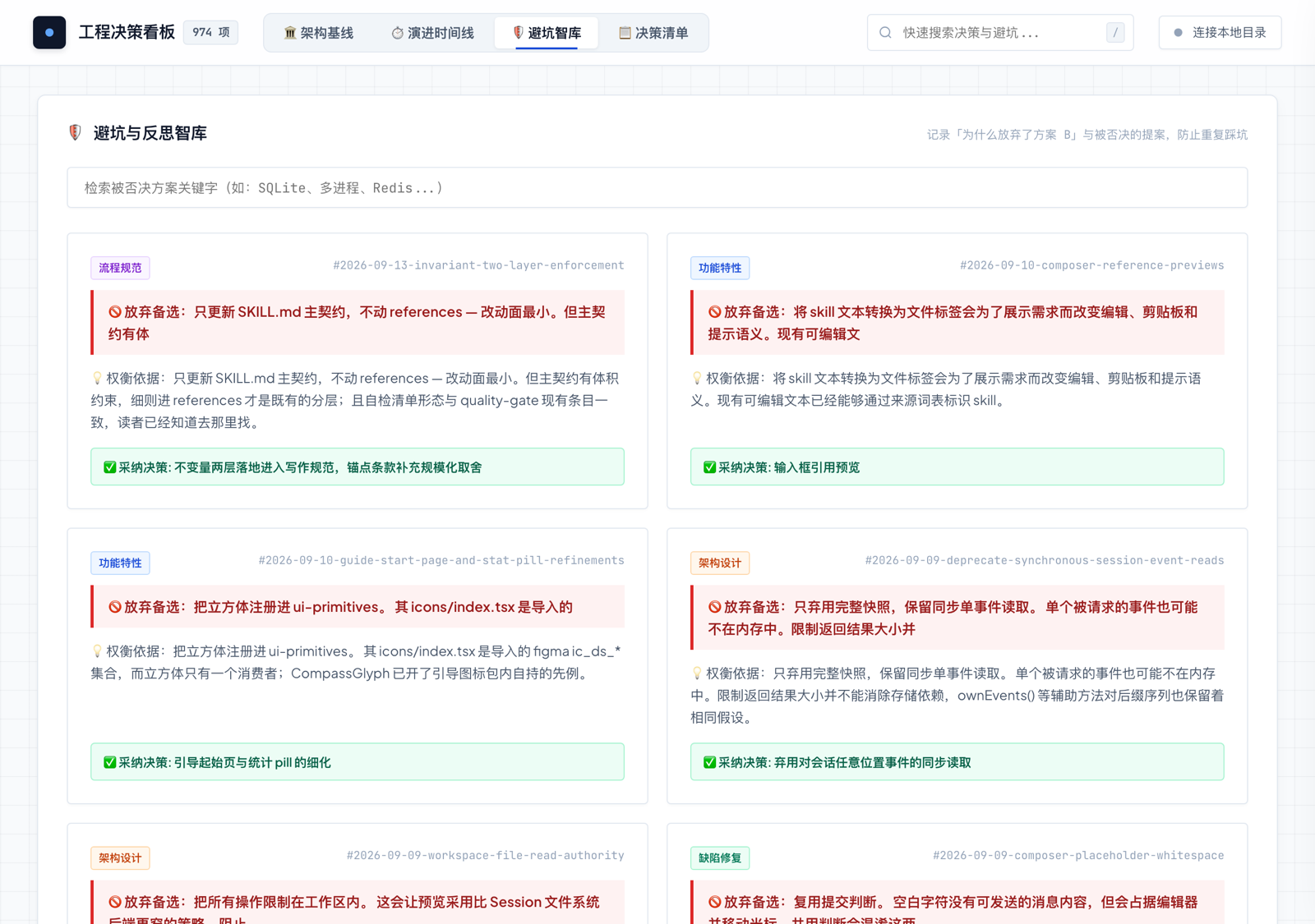 避坑智库:每条被放弃的方案都带权衡依据,底部标注最终被采纳的决策