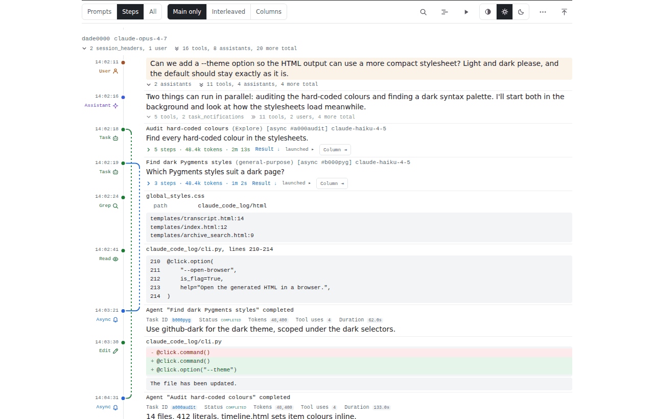 The minimal theme with two background agents folded to one line each