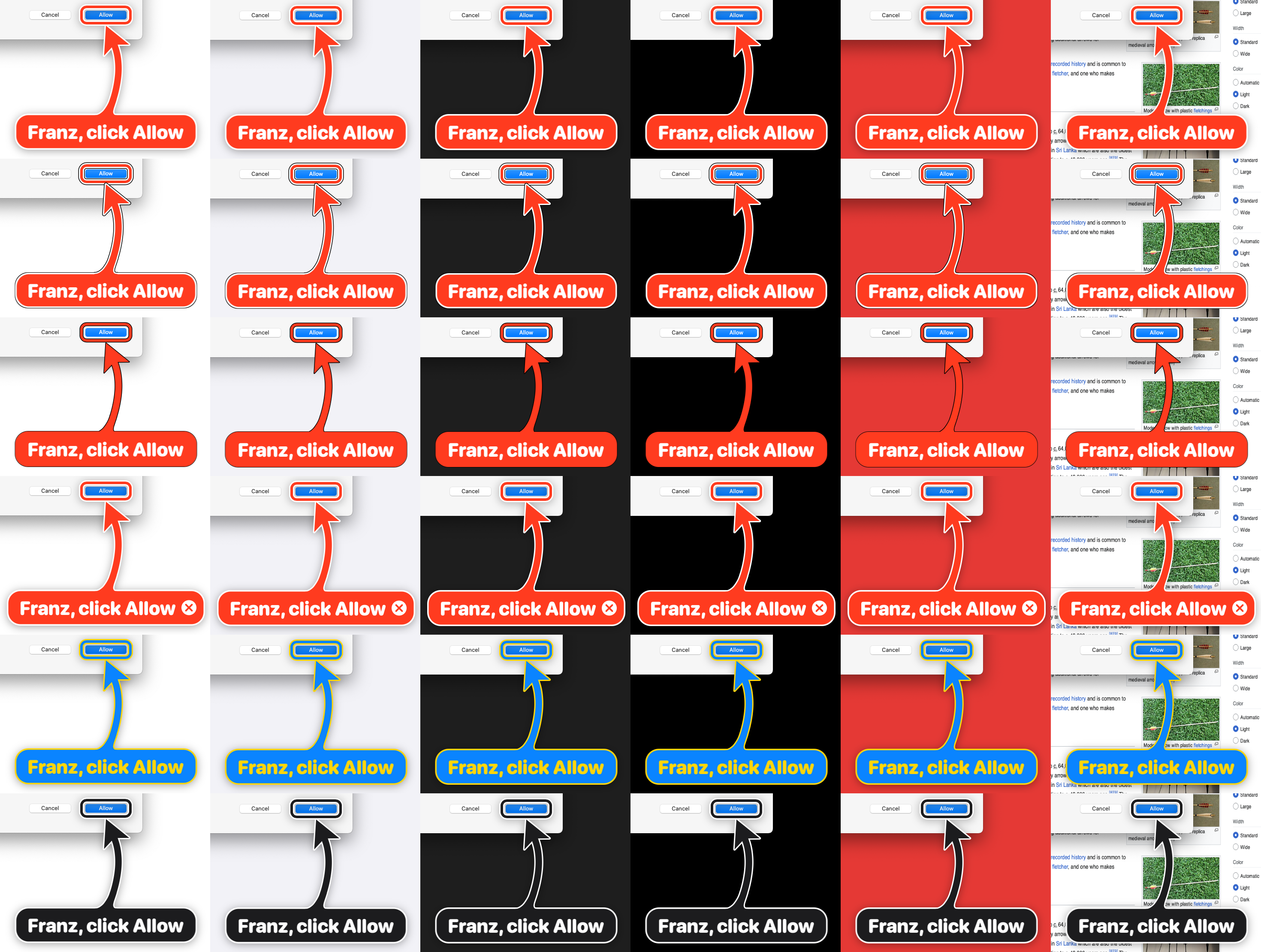 default, white-black, black, close button, custom colours and a black arrow, each over six backgrounds