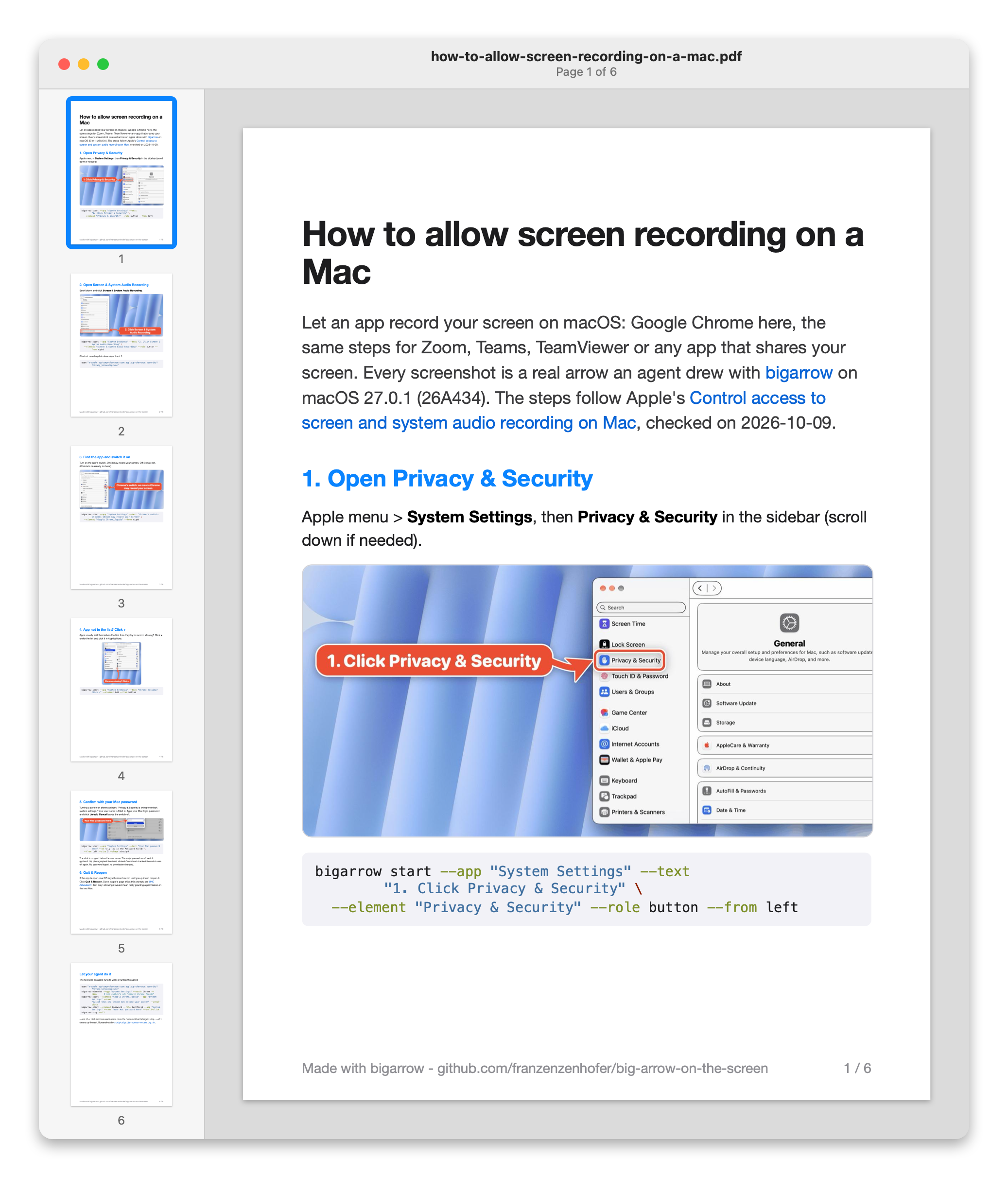 The guide as a 6-page PDF: page thumbnails on the left, page 1 large on the right, How to allow screen recording on a Mac, step 1 with an arrow at Privacy Security