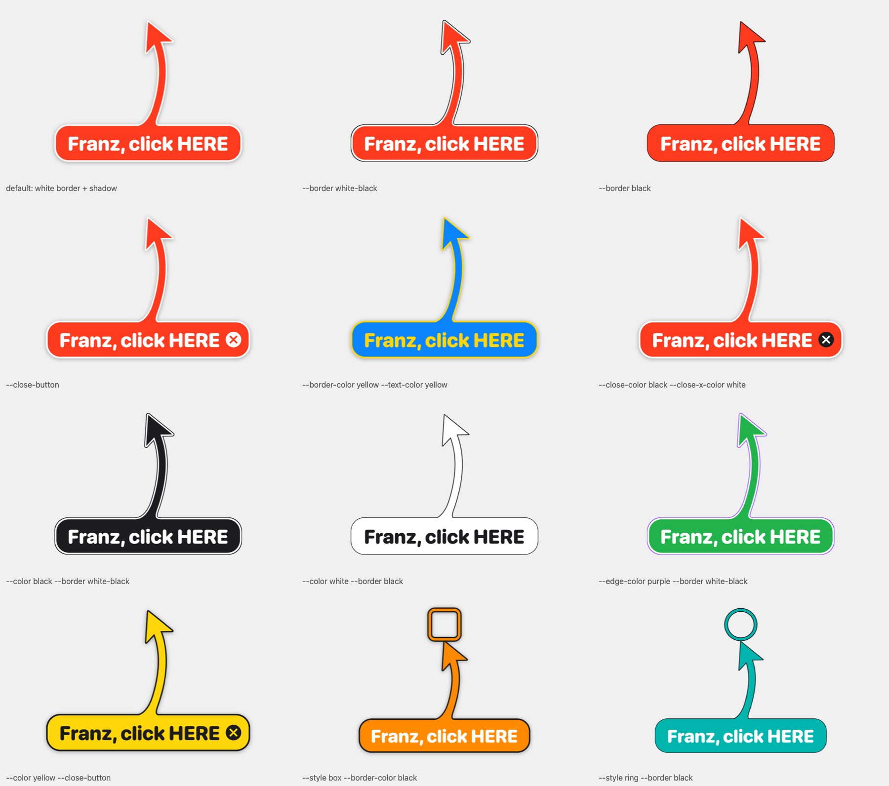 every border style and colour option: default white border with shadow, white-black, black, close button, custom border and text colours