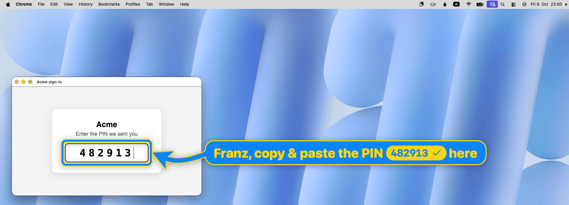 The same moment after the click: the copy icon is a check, the PIN 482913 is pasted into the field