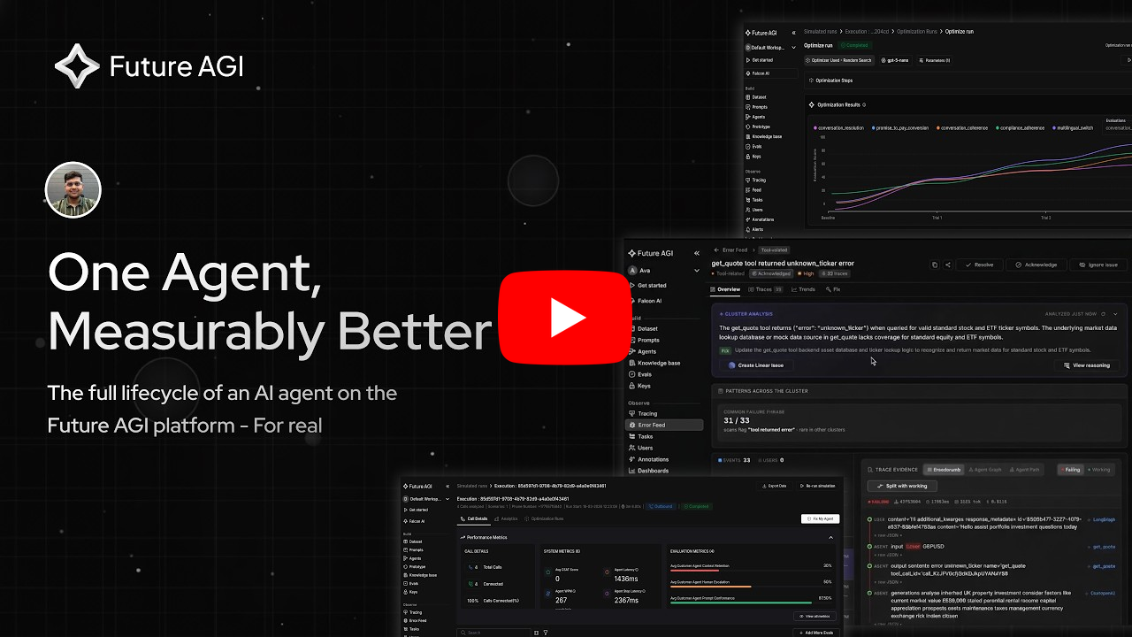 Watch the demo — trace an agent, run evals, simulate, and guardrail on one platform