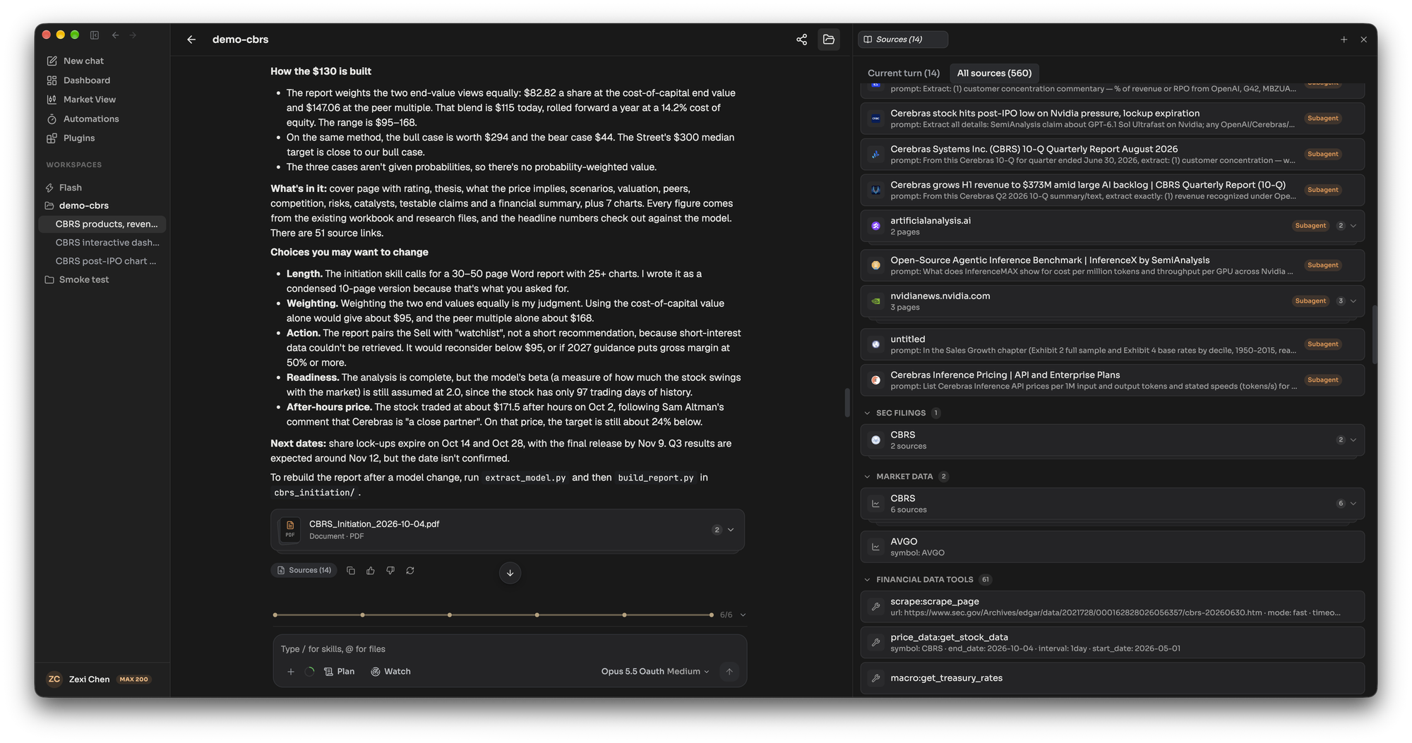Sources panel listing the subagent reads, SEC filings, market data and data-tool calls behind one turn