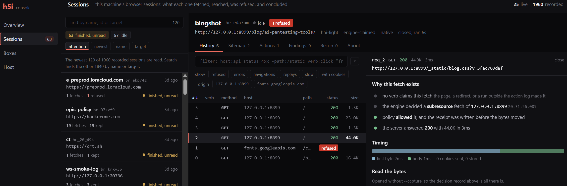 h5i local dashboard showing browser and session activity