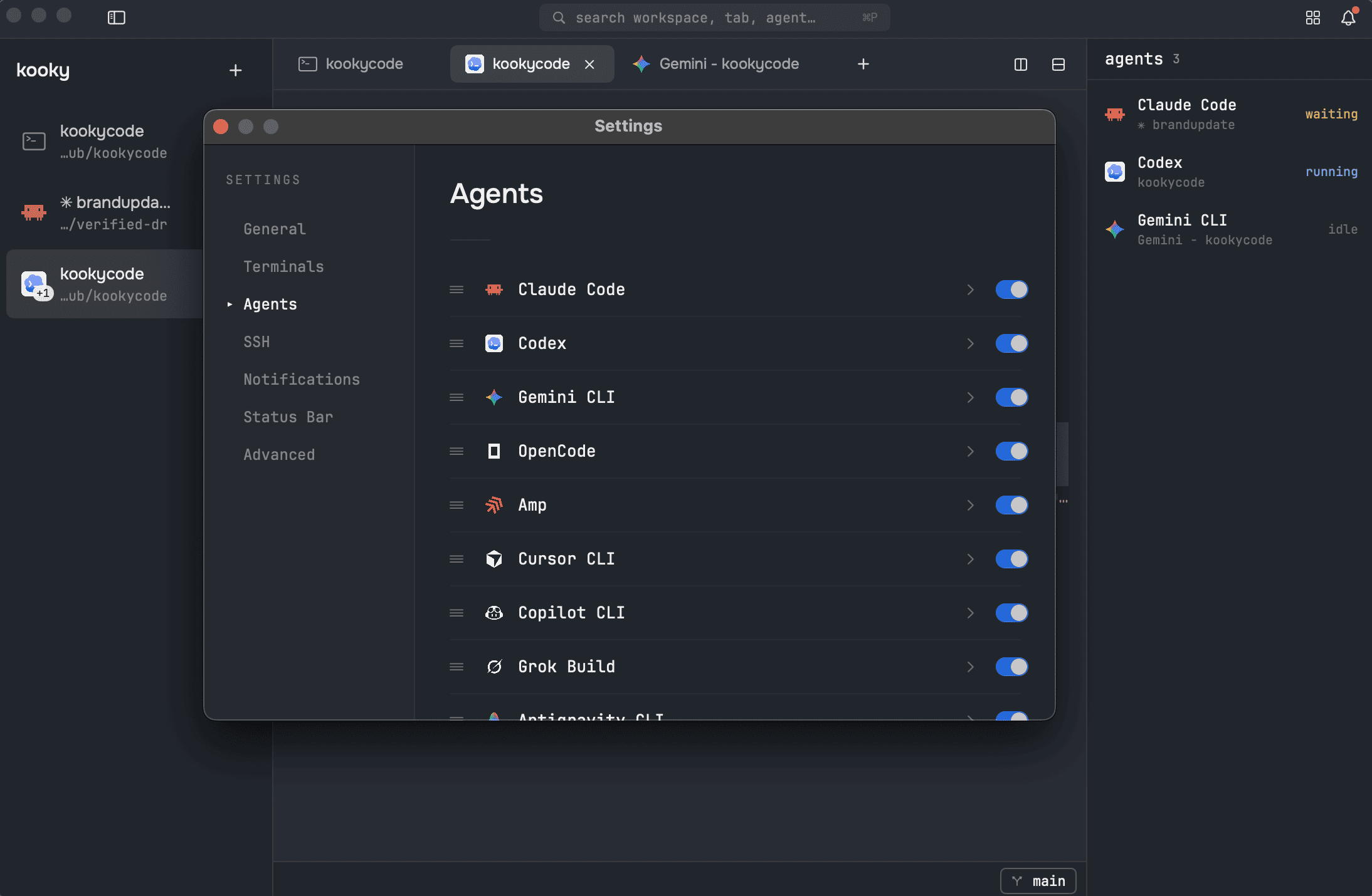 Every supported agent, each toggleable in Settings