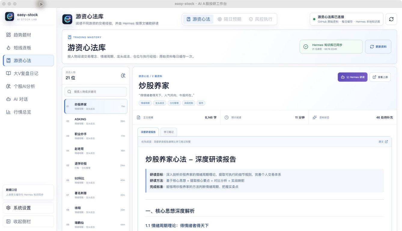 easy-stock 游资心法库、人物资料与 Hermes 深度研读