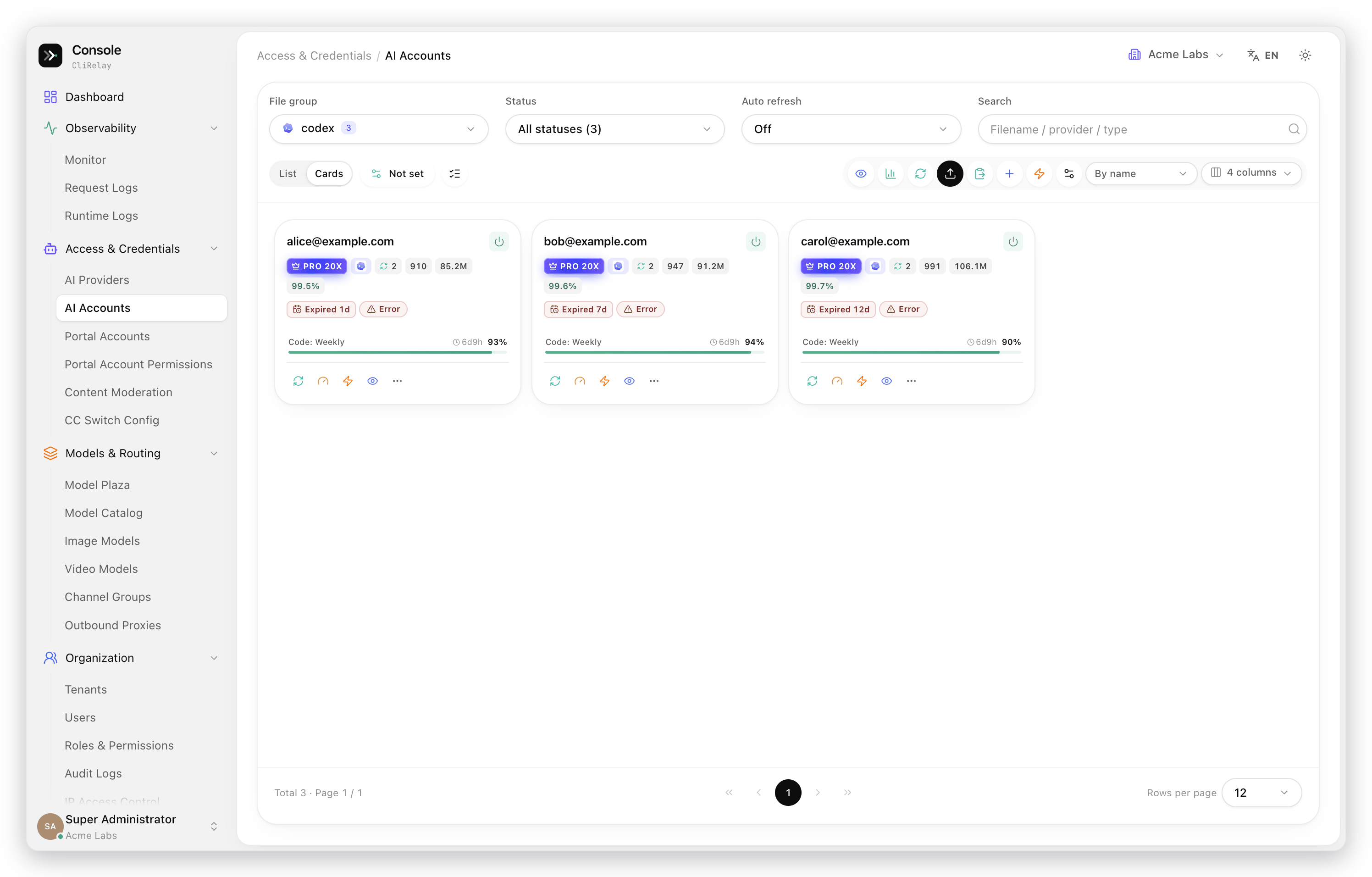 AI account cards with plan badges, success rate and quota windows