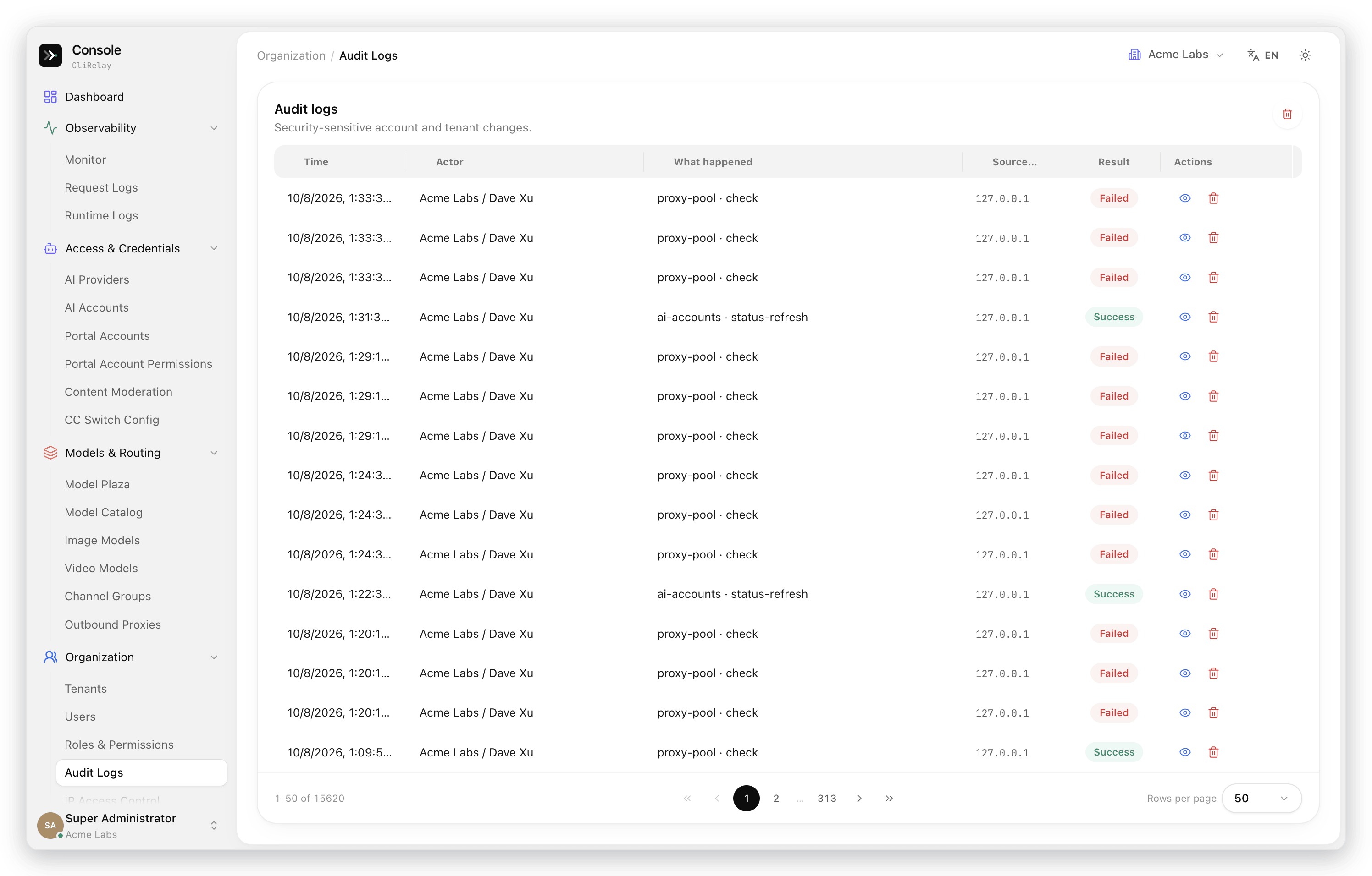 Audit trail of security-sensitive changes with actor, action and result