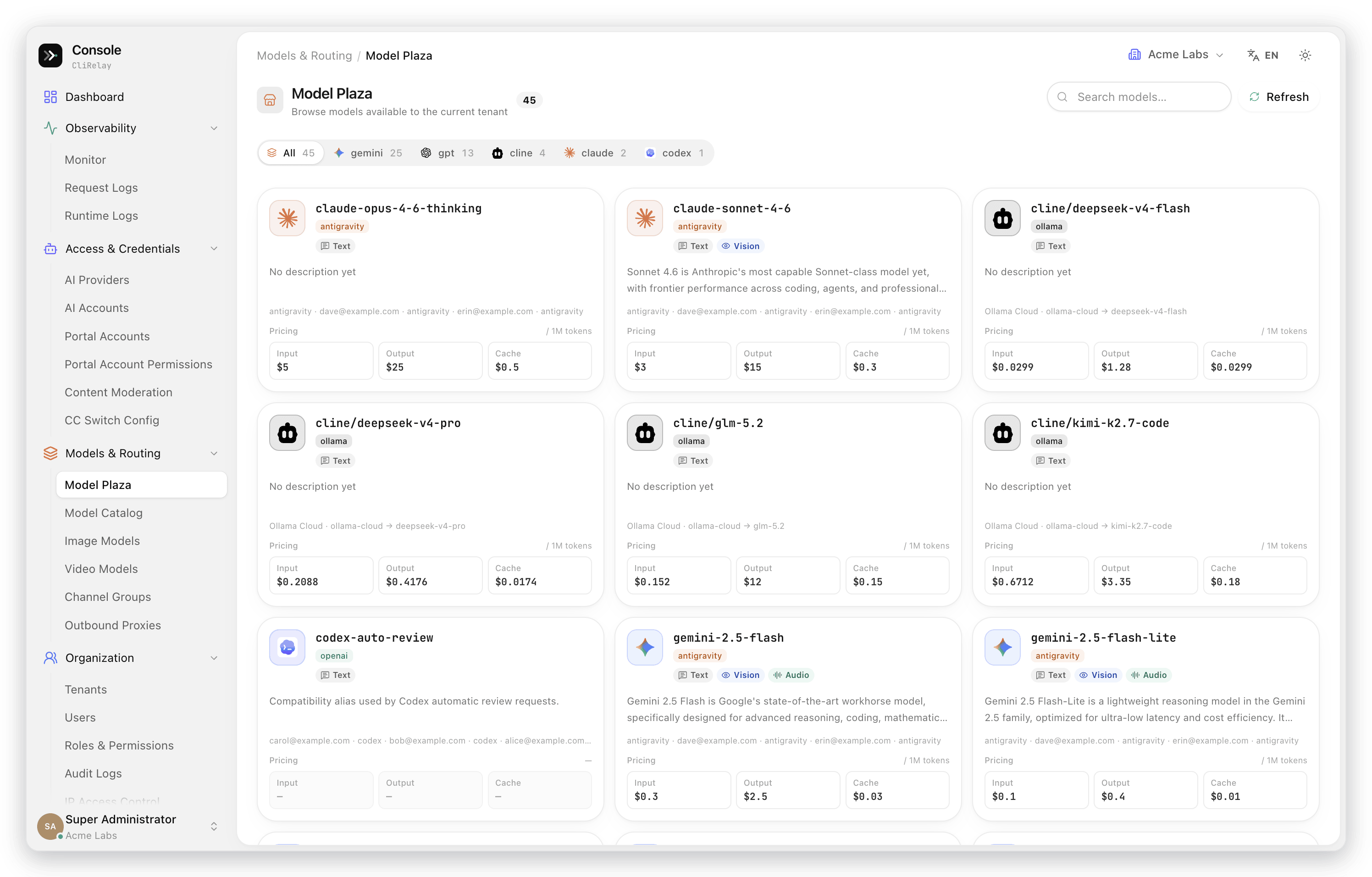 Model plaza cards with capabilities, sources and per-million pricing
