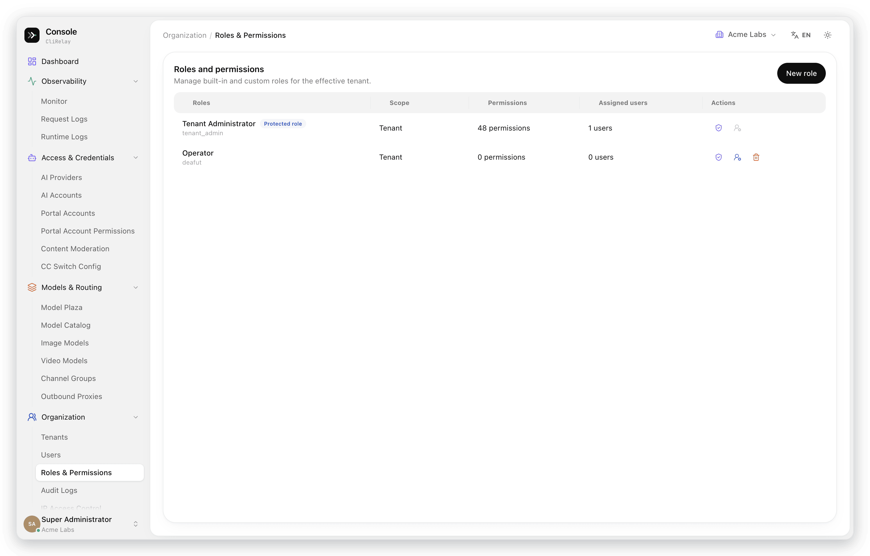 Built-in and custom roles with permission counts