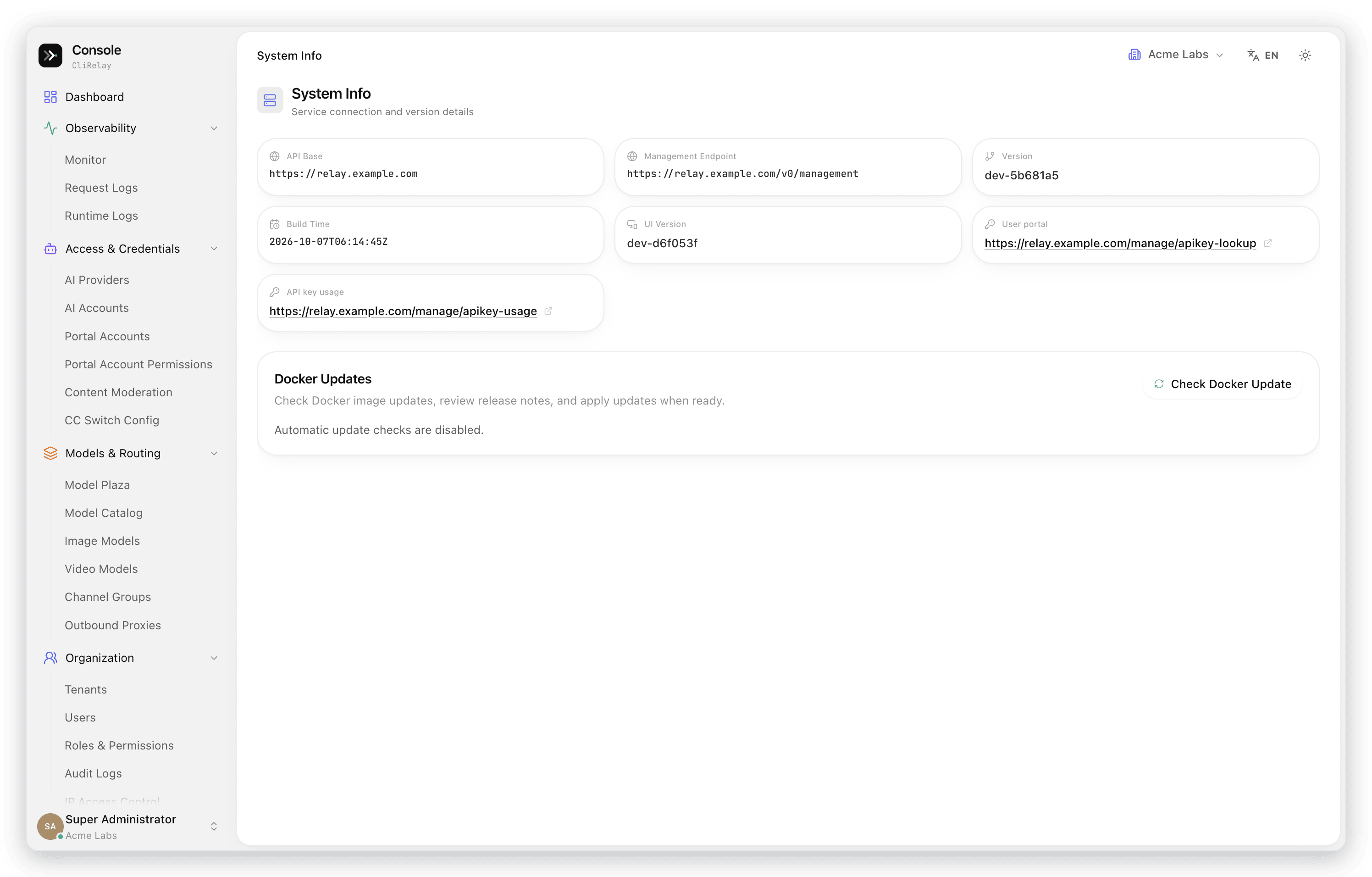 System info with endpoints, versions and the update check