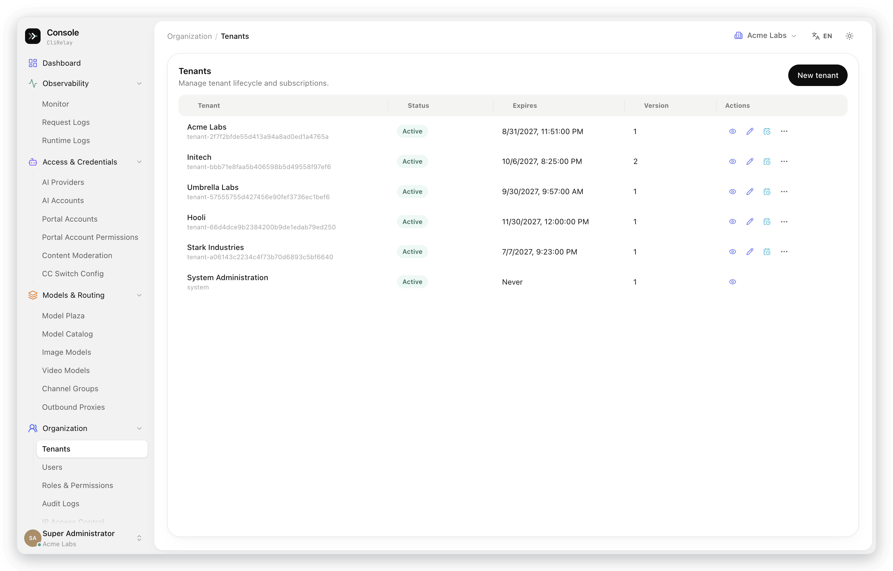 Tenant list with status, expiry and version