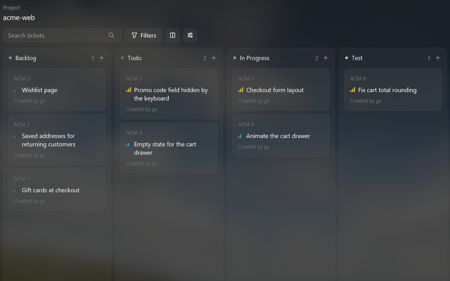 The Kanban board with Backlog, Todo, In Progress and Test lanes