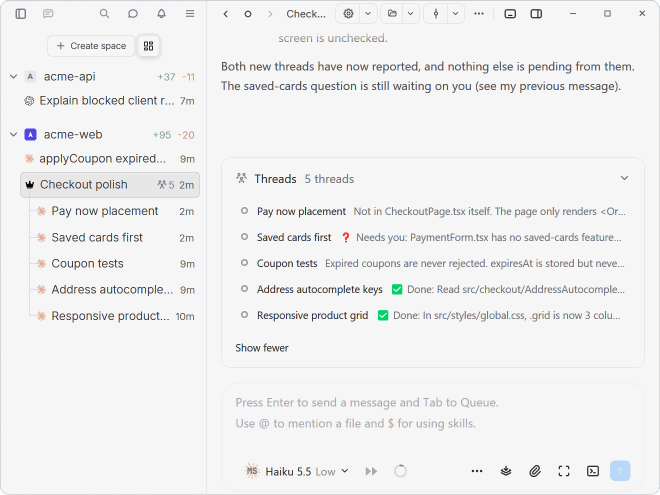 An orchestrator with its threads in the sidebar and the Threads panel