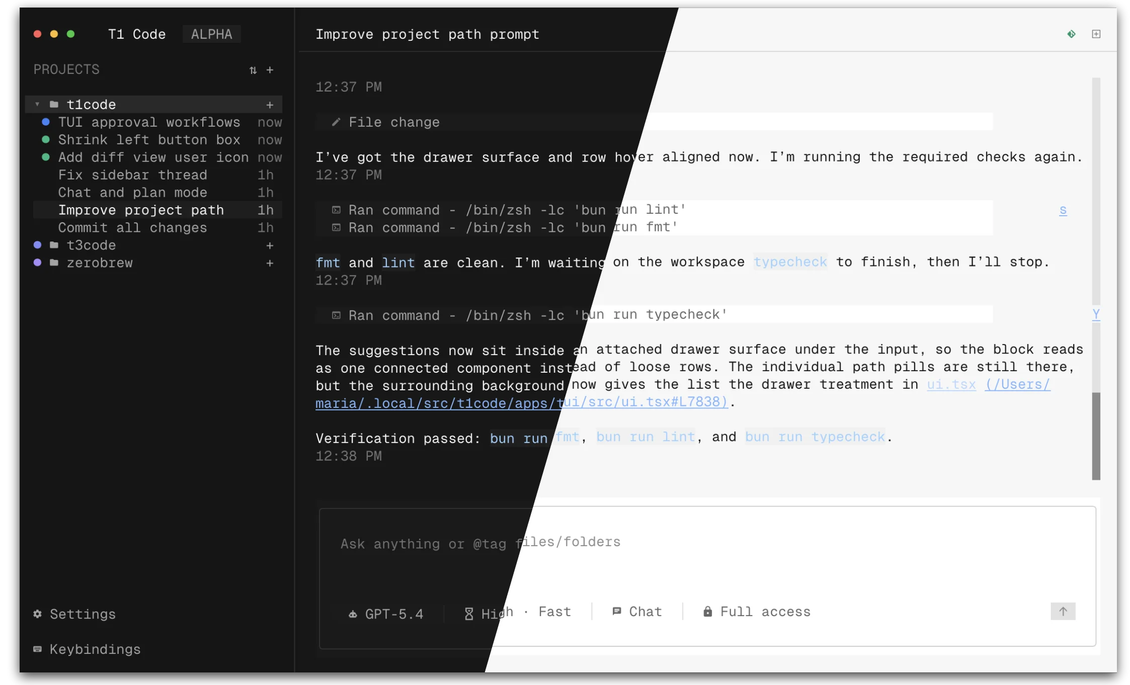 t1code terminal UI screenshot