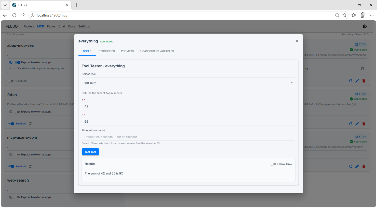 MCP tool inspector with a server's available tools and inputs