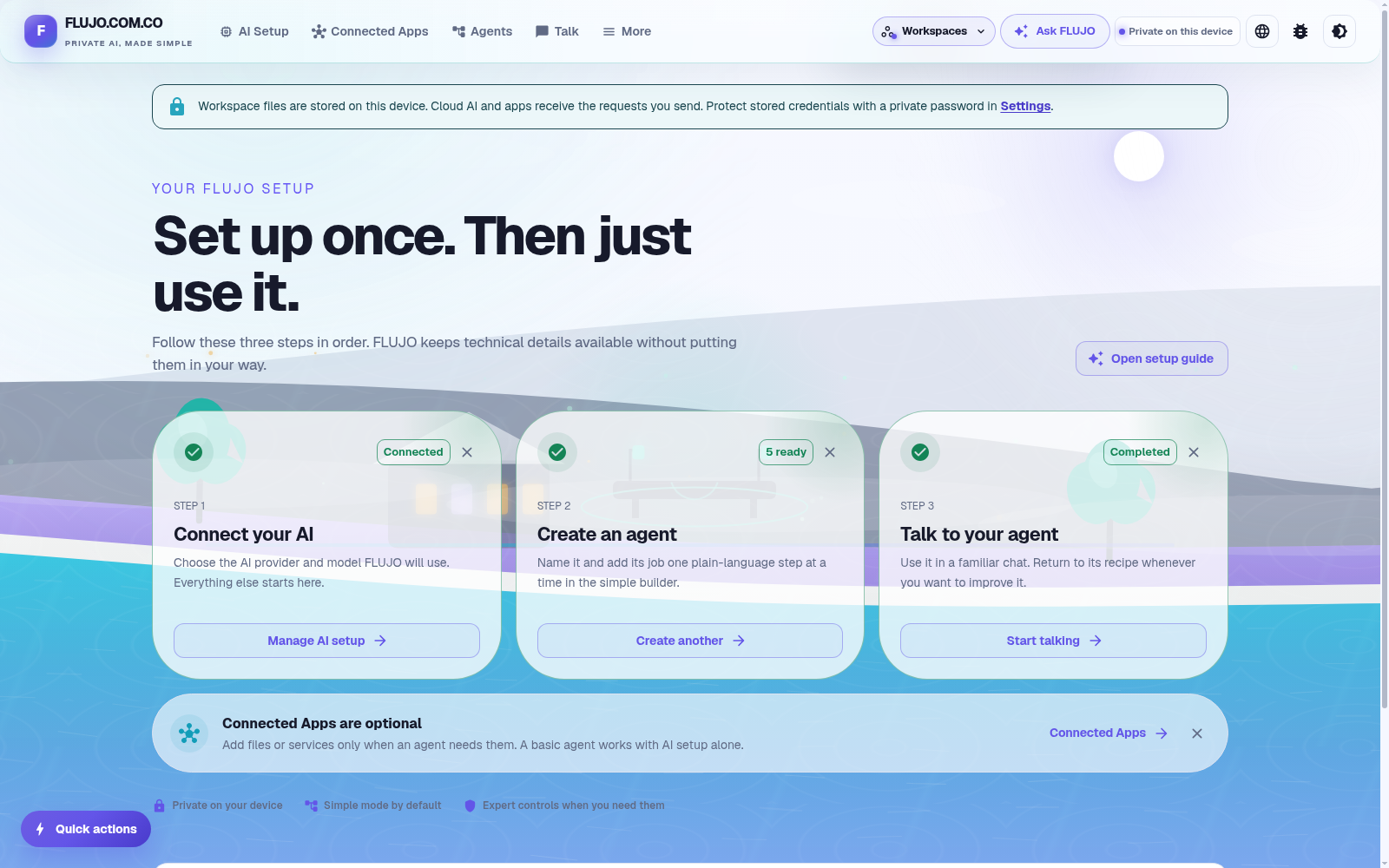 FLUJO dashboard with AI Setup, Connected Apps, Agents and Talk