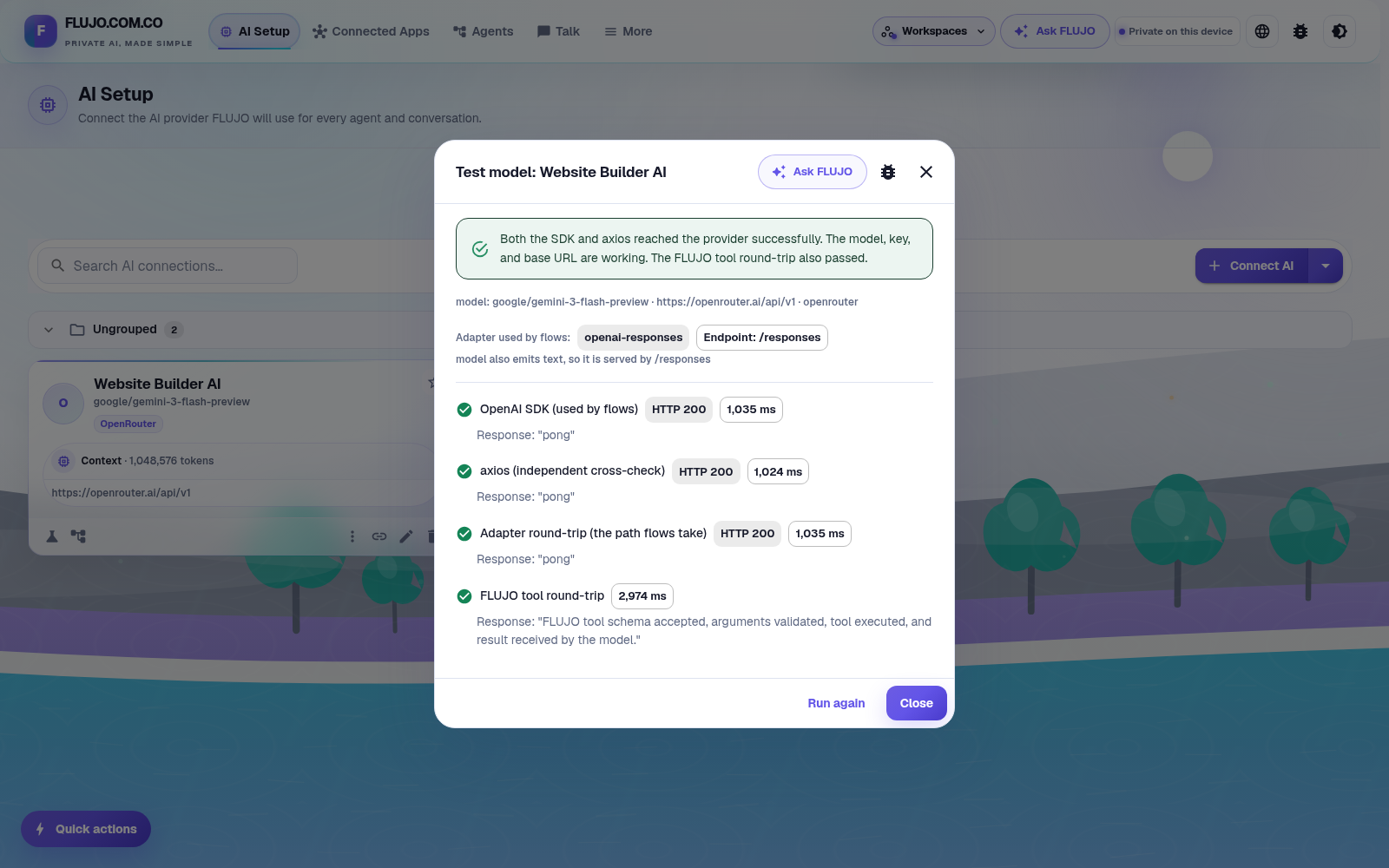 A saved AI connection passes the provider and FLUJO tool-round-trip checks