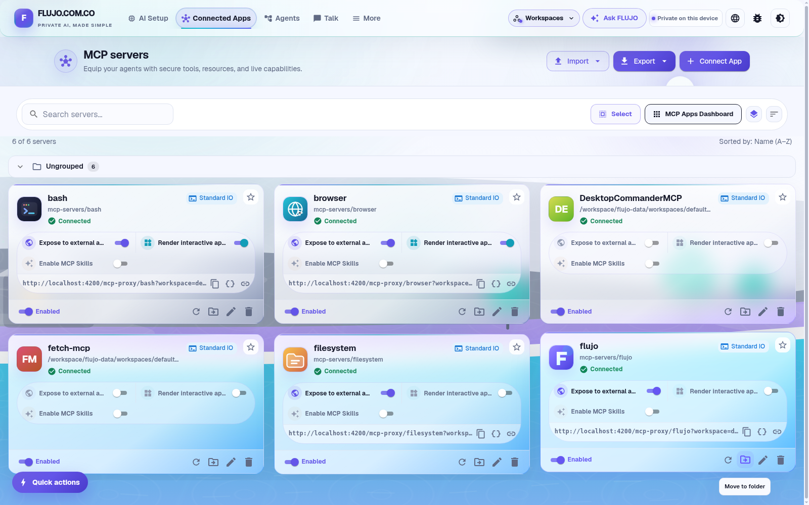 Connected Apps lists six configured MCP servers, including the newly connected Desktop Commander