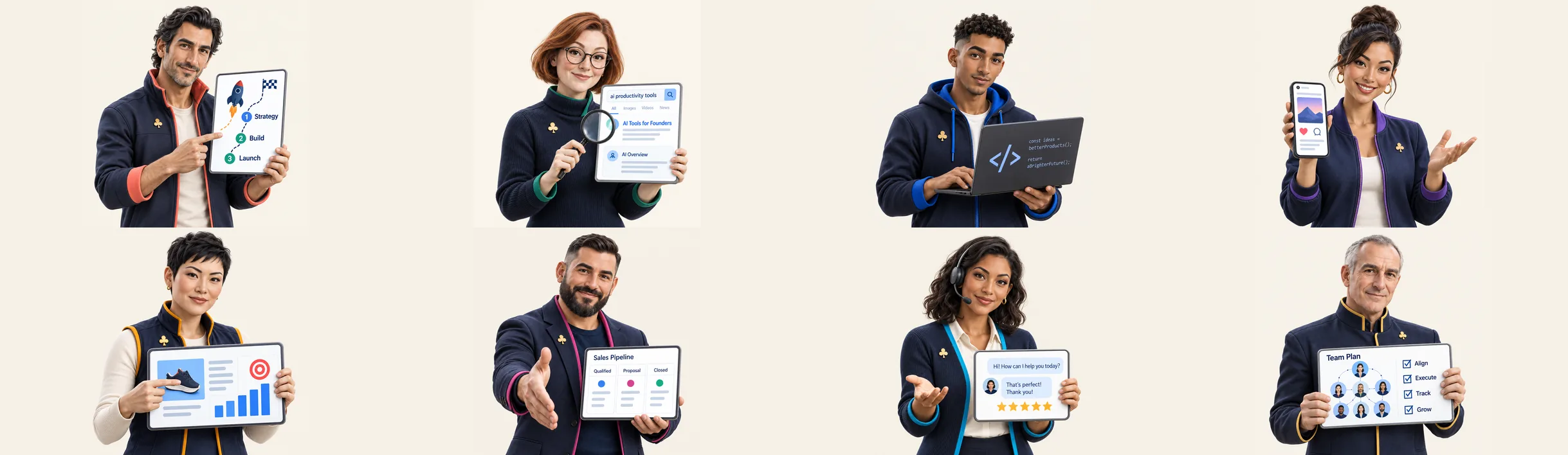 The eight AI Employees, each with its own identity and working tools