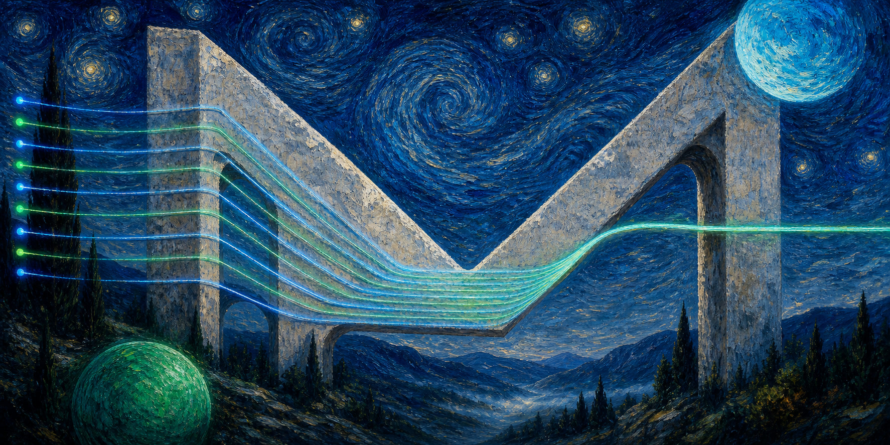 MCO — ten agent paths converging through a monumental M beneath a starry sky