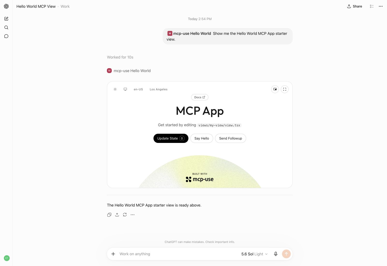 Hello World MCP App rendered in a ChatGPT conversation
