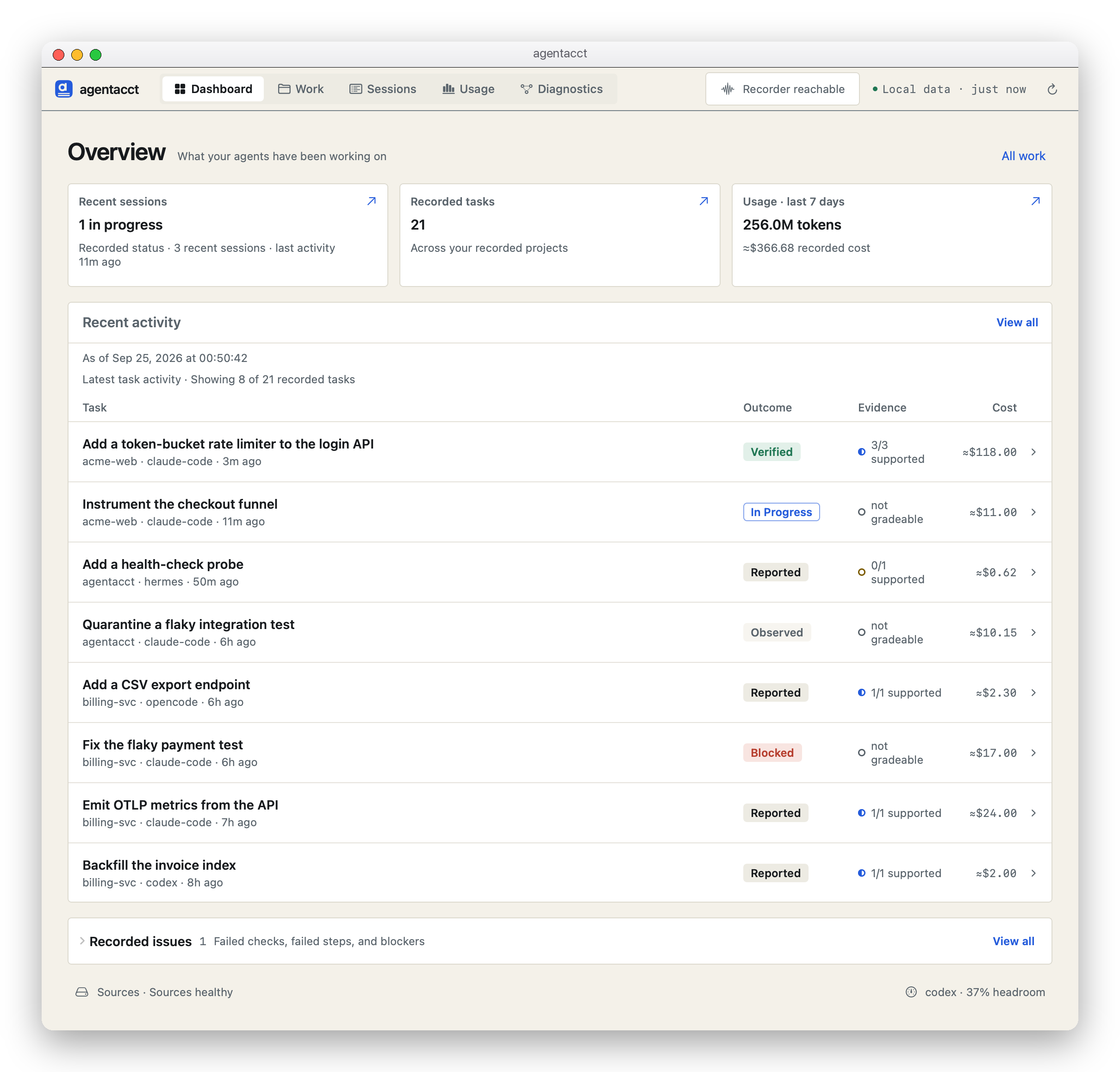 Dashboard overview with recent session status, recorded task count, seven-day usage, and a latest-activity table. Recorded issues are folded below the activity list.