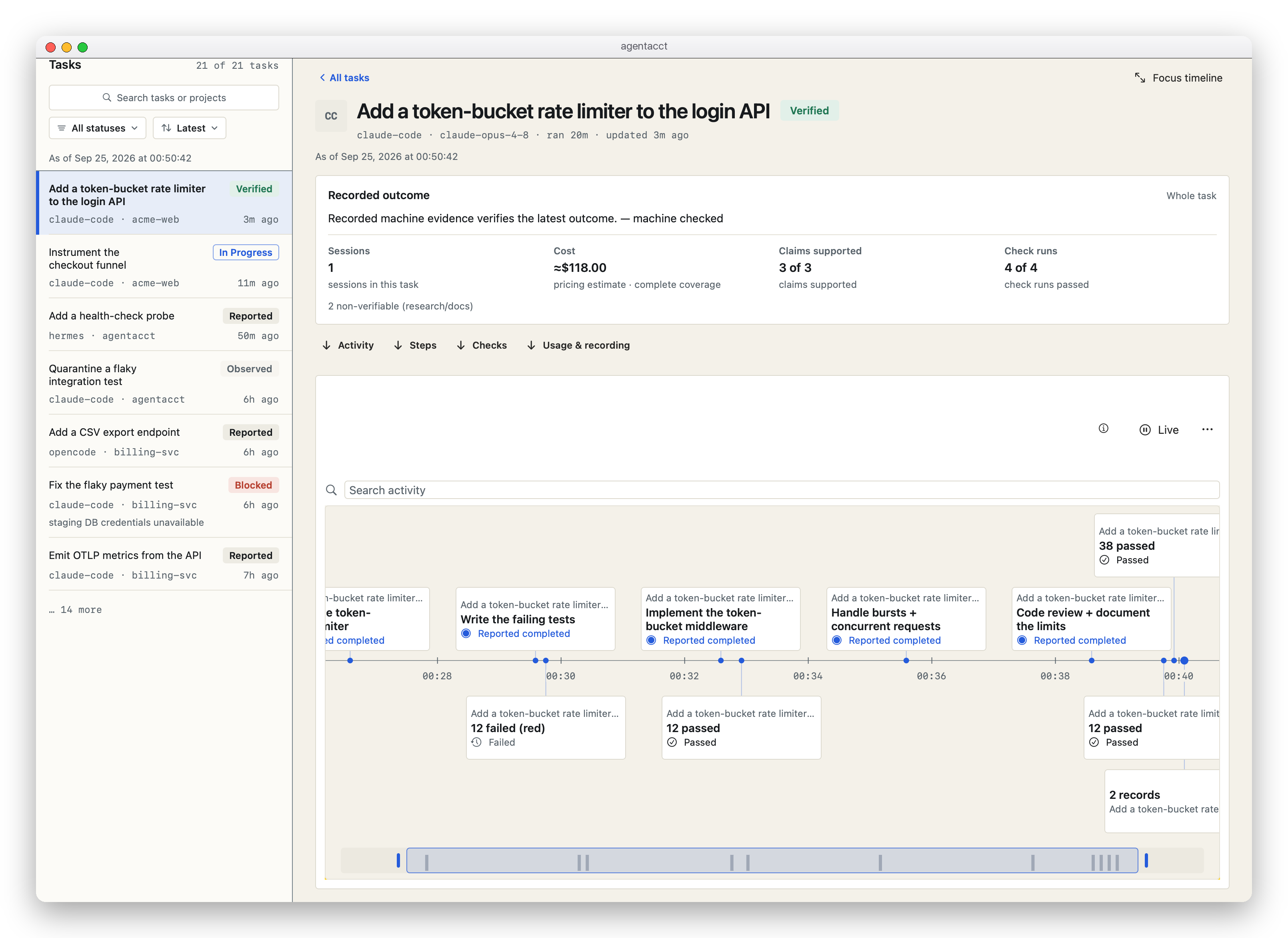 Sessions and a Work Receipt: a latest-first task list beside the recorded outcome, session count, estimated cost, claim coverage, check results, and activity timeline.