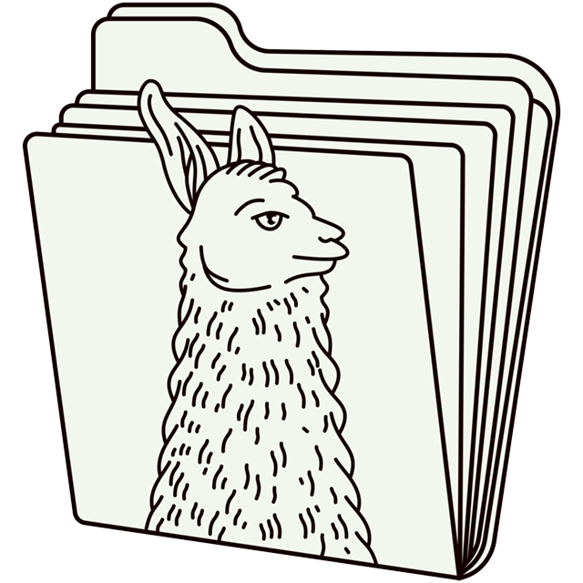 line drawing of llama animal head in front of slightly open manilla folder filled with files