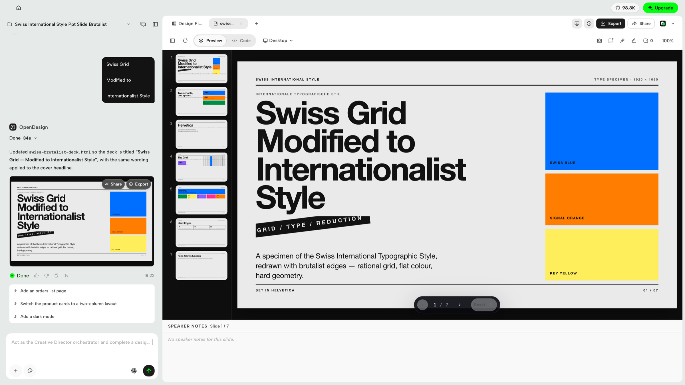 Swiss Grid presentation in OpenDesign Studio with slide thumbnails and speaker notes