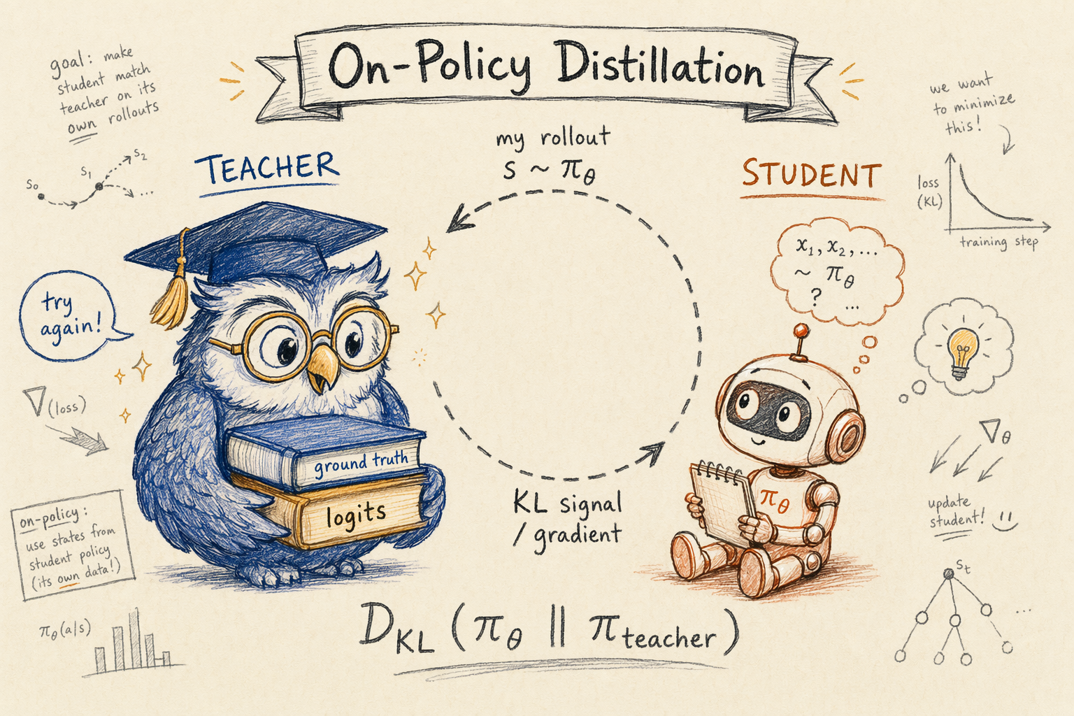 Conceptual teacher–student on-policy learning loop
