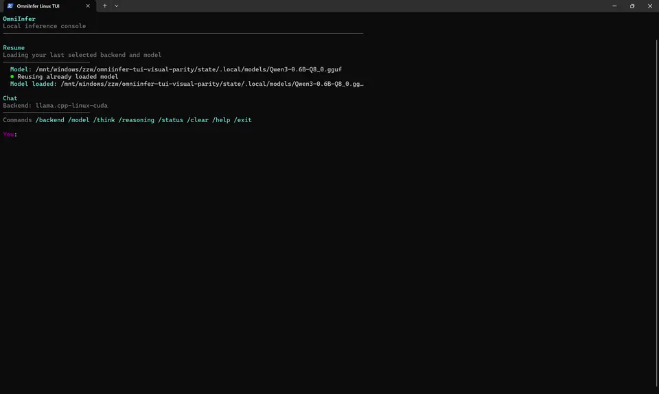 Terminal UI selecting a backend, loading a model, and chatting locally