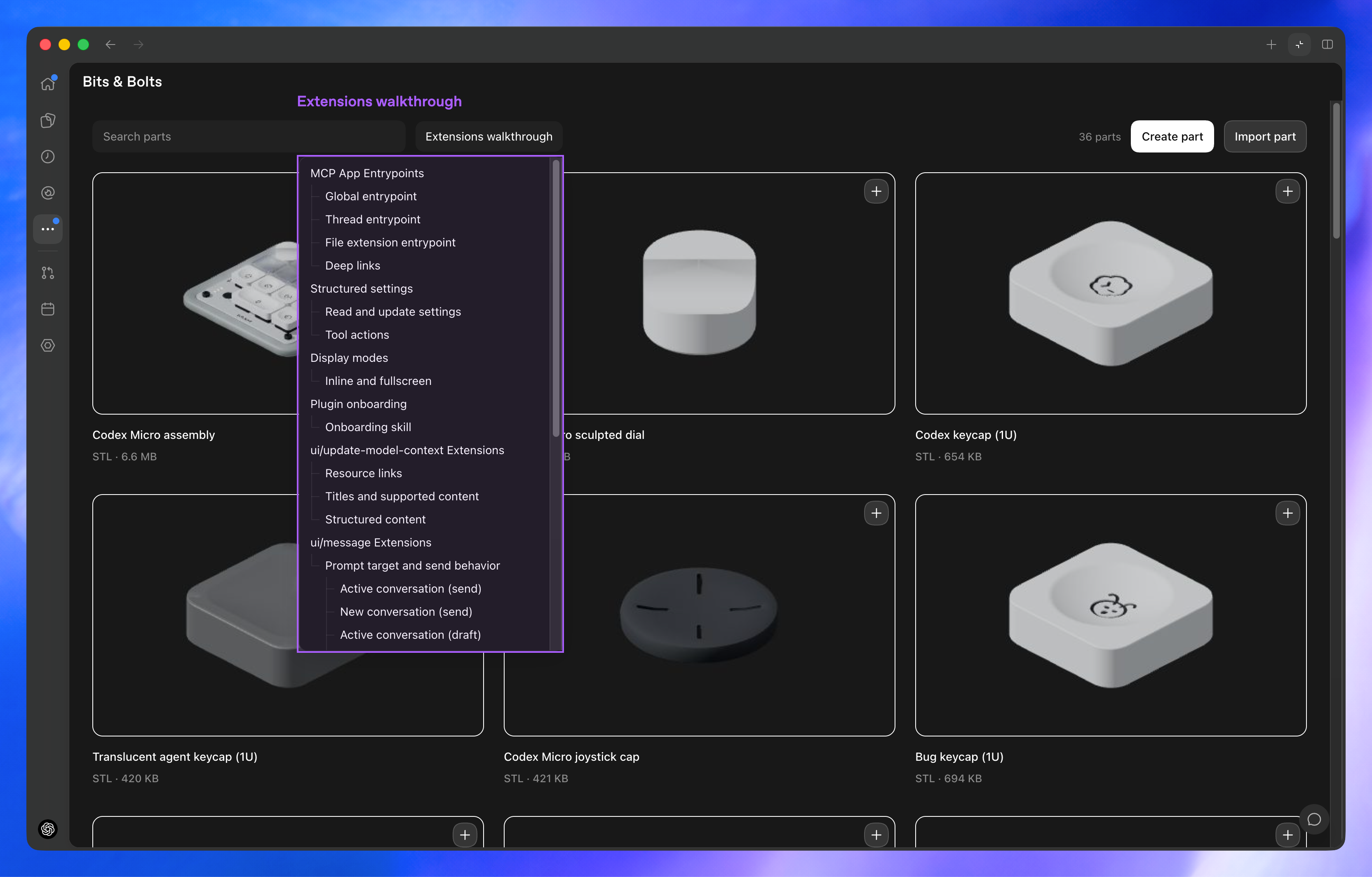 Bits & Bolts Parts Library with the Extensions walkthrough tree expanded
