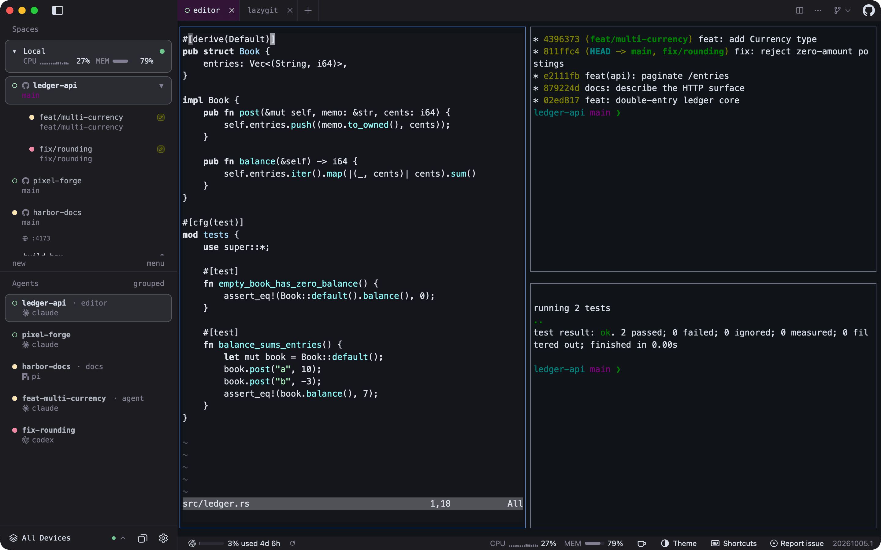 Herdr GPUI window: a sidebar with the local host's CPU and memory, a repository with two linked worktrees, and every agent with its status dot; tabs in the title bar; three split panes running Neovim, git log, and cargo test