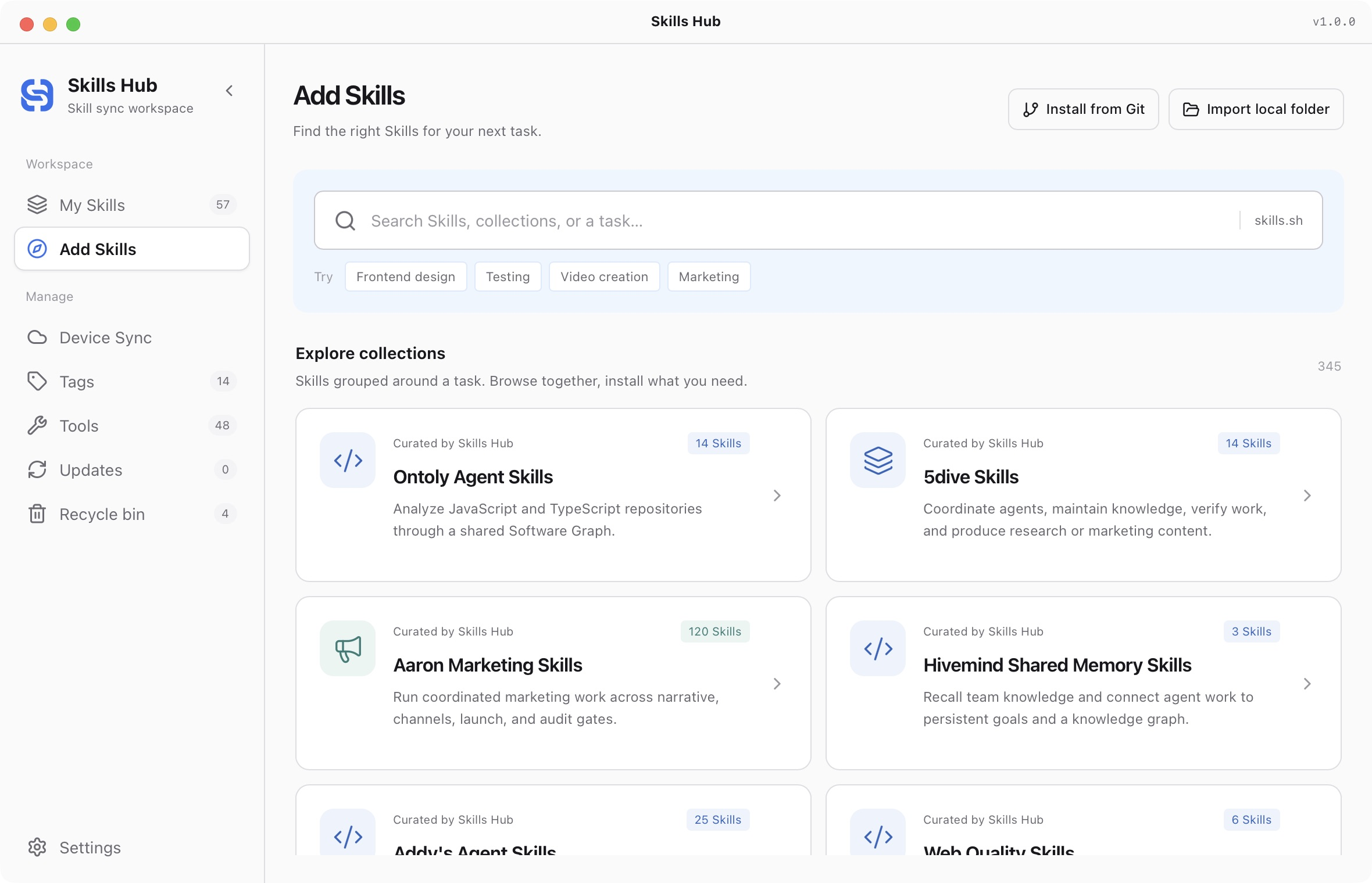 Skills Hub v1.0.0 collection discovery in English
