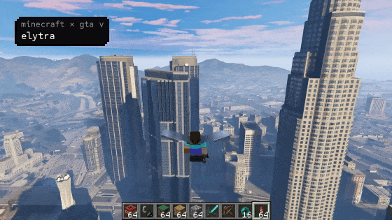 Six mods made by AI coding agents, with the universal-modder tile in the corner: Steve gliding an elytra through Los Santos, the Nether spreading over Los Santos, Minecraft mobs fighting the LSPD, the Halo Warthog in Minecraft, a World at War flamethrower in Minecraft, and World at War zombies in Minecraft. It ends on the universal-modder logo and mod any game.
