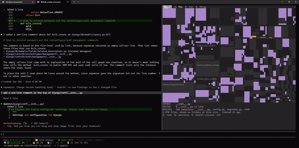 Lens in Claude Code on Django: Claude edits query.py, which turns amber on the map while the 12 files that import it light up in plum; a second edit to django/conf/init.py lights its 248 importers, and Flow lists what to check before accepting