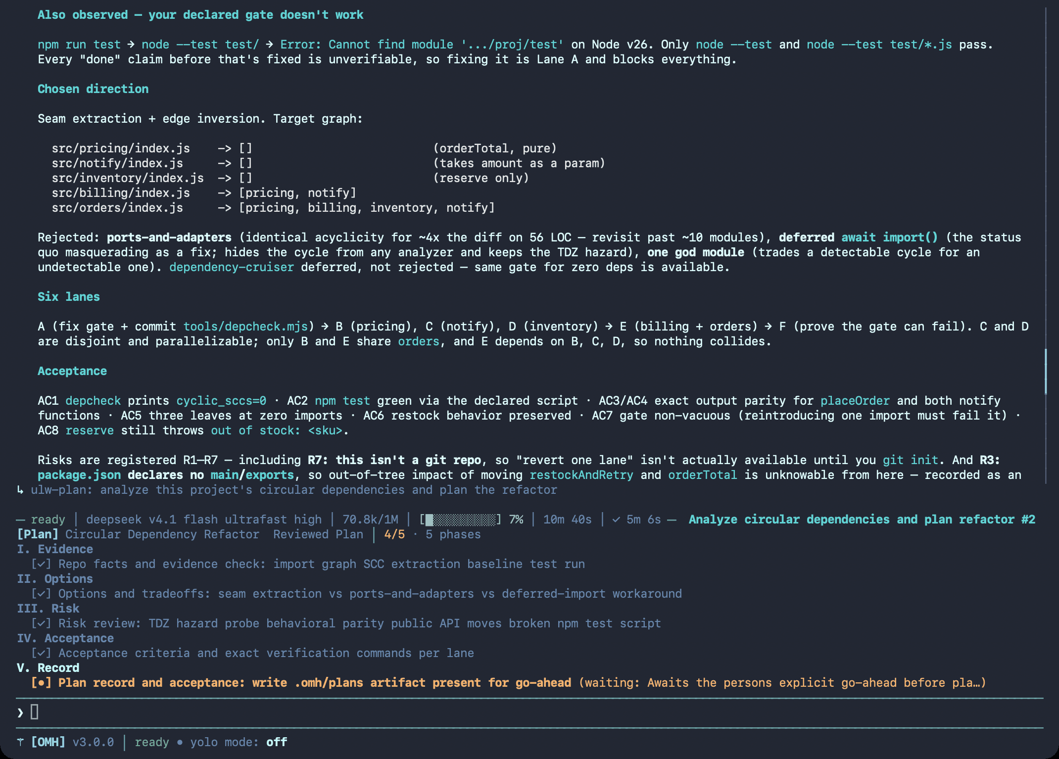 Hermes TUI answering a ulw-plan prompt on a small JavaScript project: the target dependency graph with no cycles, rejected options, six lanes in dependency order, acceptance criteria, the plan checklist, and the OMH HUD line at the bottom