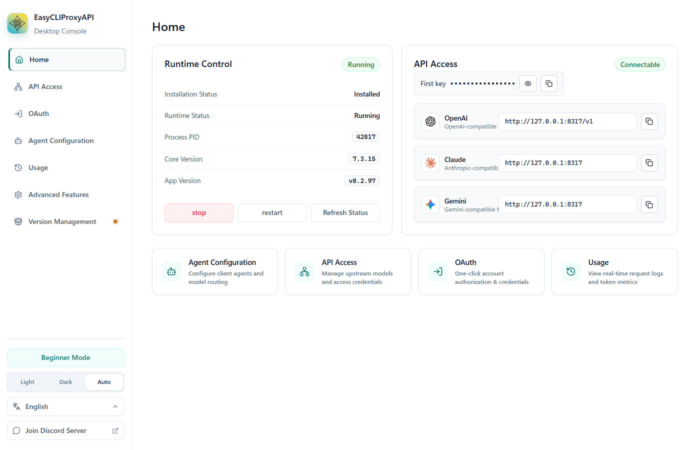 Home dashboard and local API endpoints