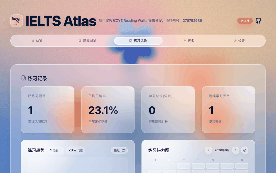 Practice records demo: stat cards, trends, heatmap, and history list