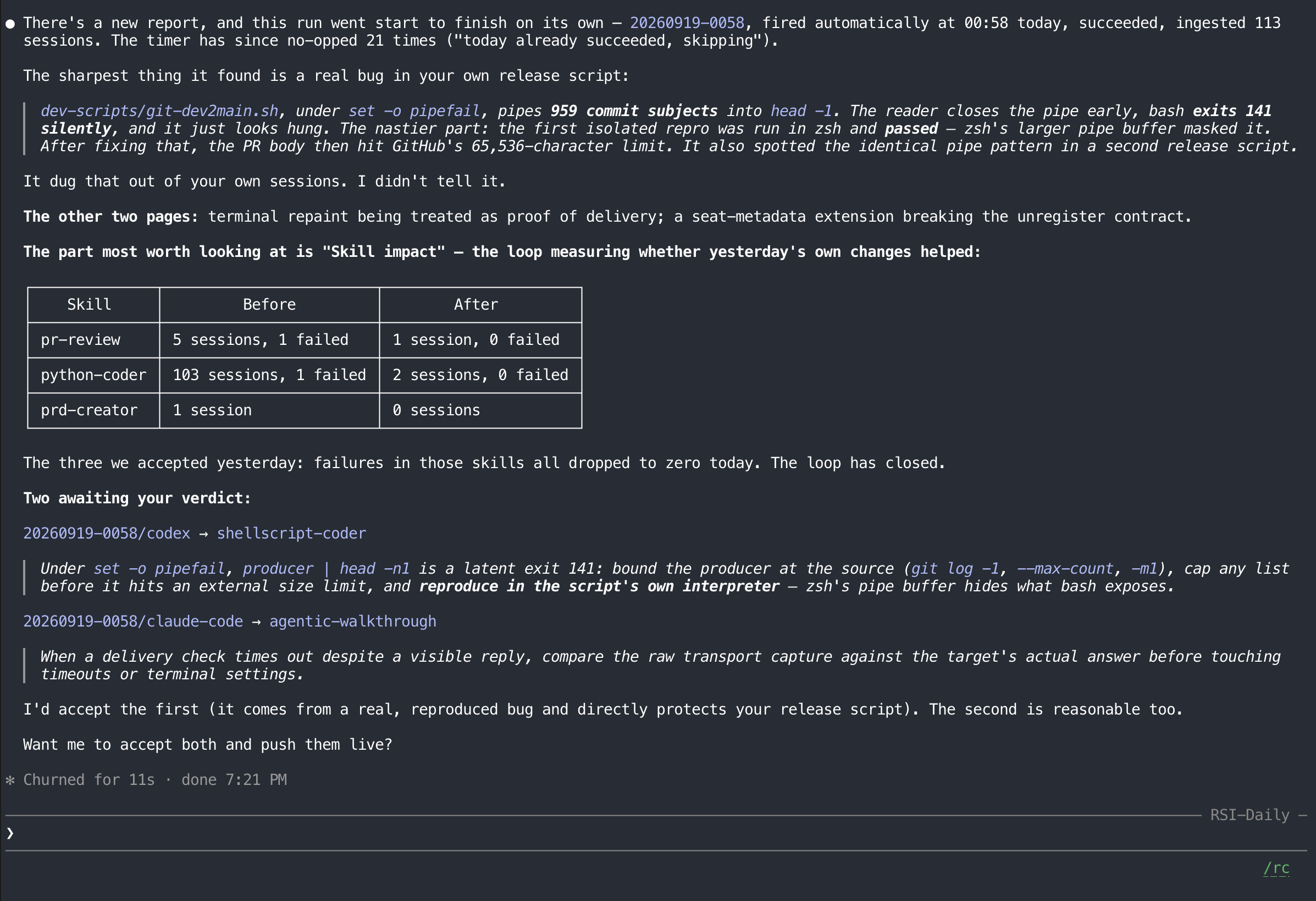 The next morning: the nightly loop measures whether yesterday's own changes helped, 2026-09-19