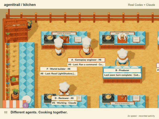 Real recorded cooking and handoffs, with camera close-ups to show the agents working together
