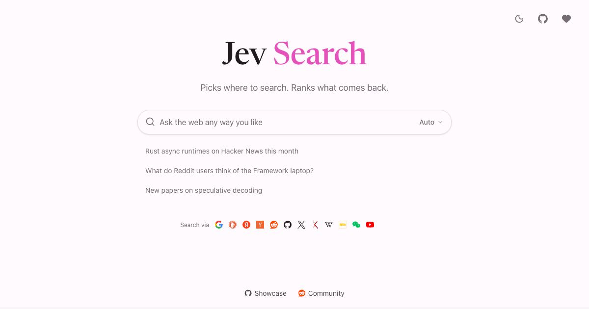 Jev Search homepage with model selector