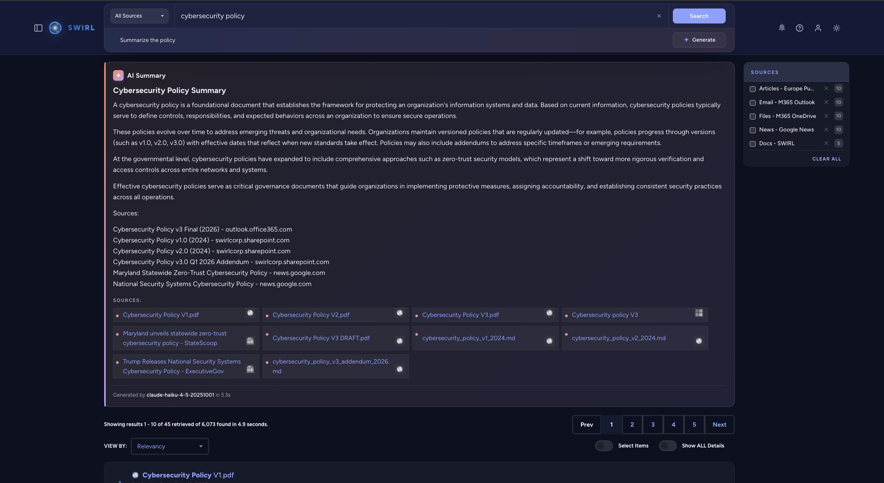 SWIRL Galaxy UI: ask a question, get an answer with sources