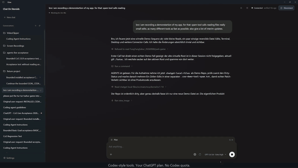 Chat On Steroids in action: model selection, task plans, live tool results and reusable workers