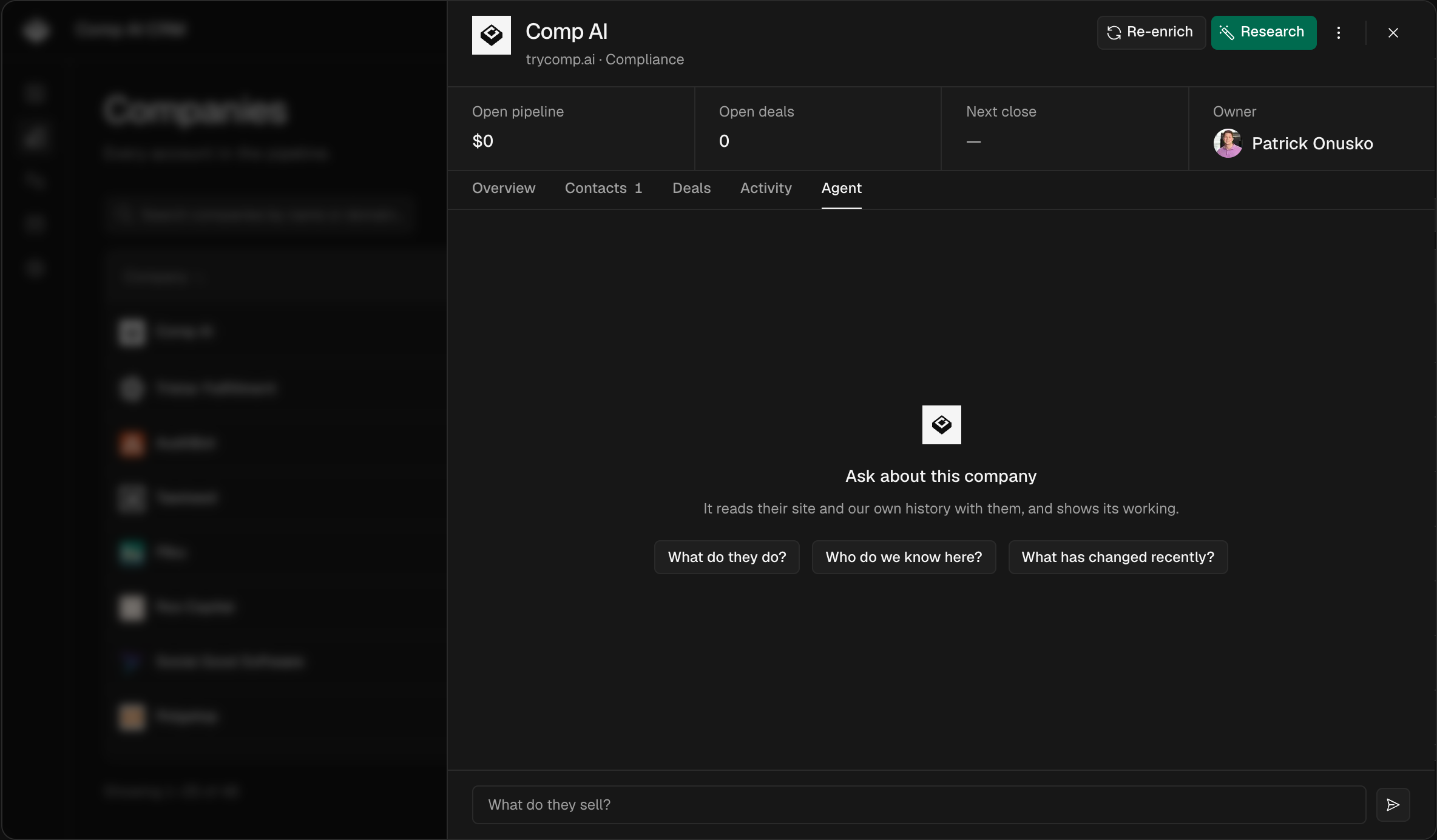 The companies list with an account open on its Agent tab