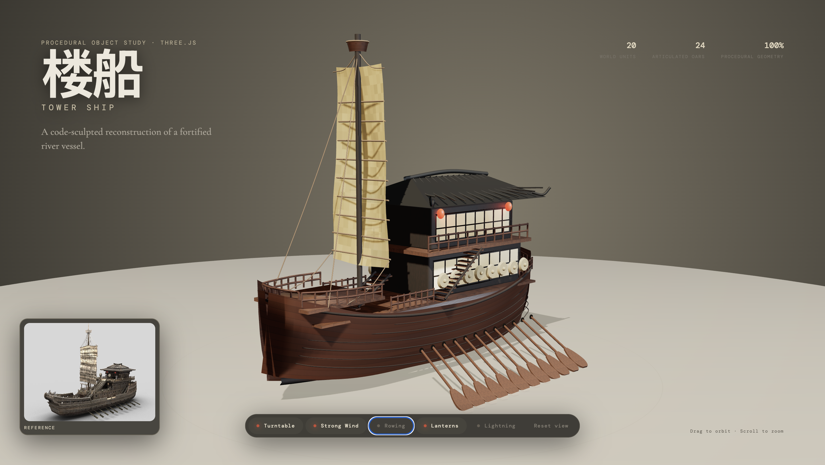 Procedural Three.js Tower Ship demo generated from an attached reference image